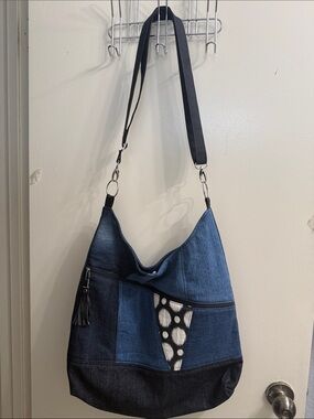 Patchwork Denim Shoulder Bag in Blue adjustable
